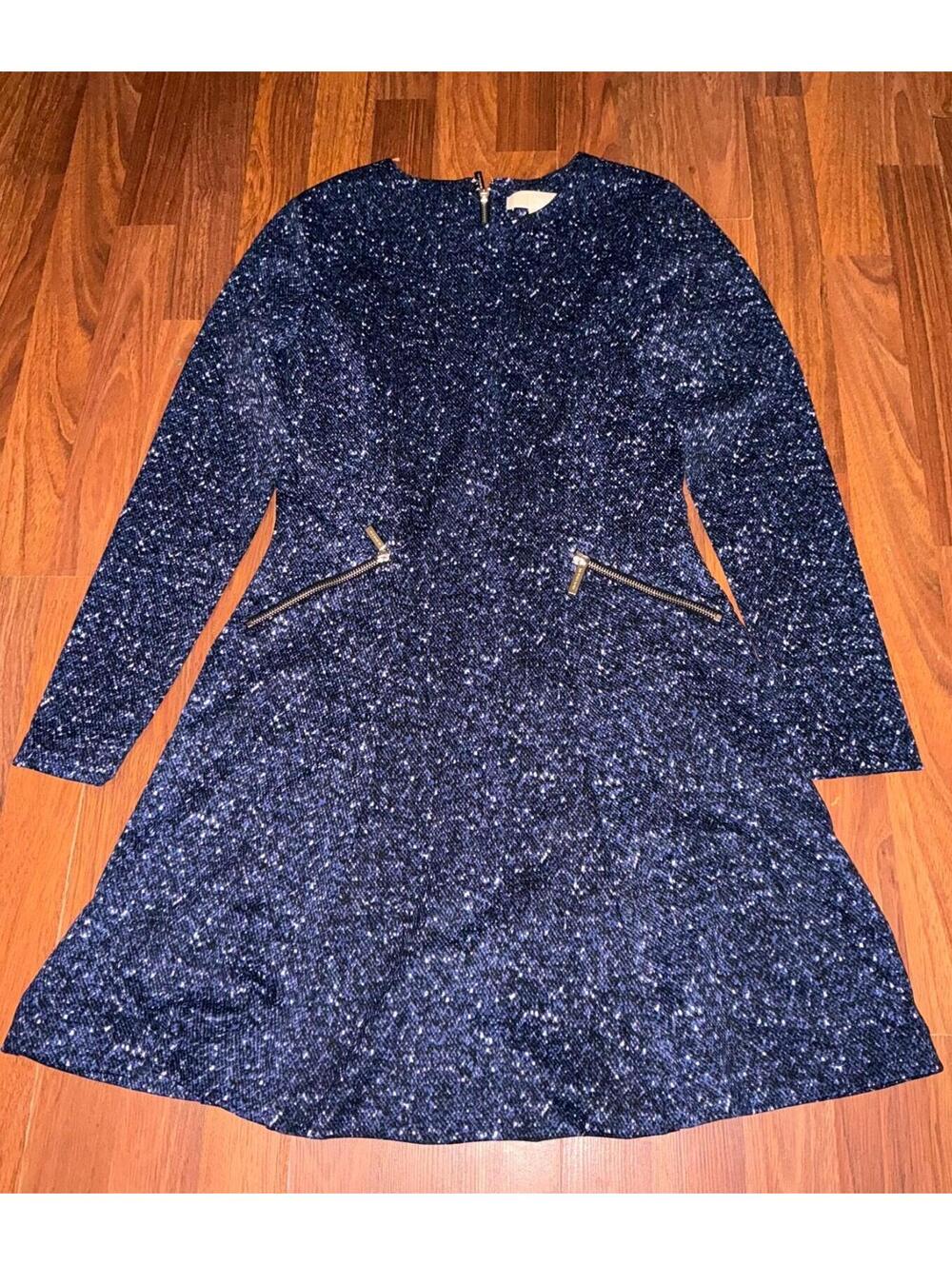 Michael Kors Dress Womens Size 6 Blue Speckled Zip Pockets Long Sleeve Party
